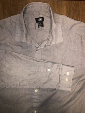 HM Mens M Casual Slim Easy Iron Gray Button Up Cotton Long Sleeve Dress T Shirt
